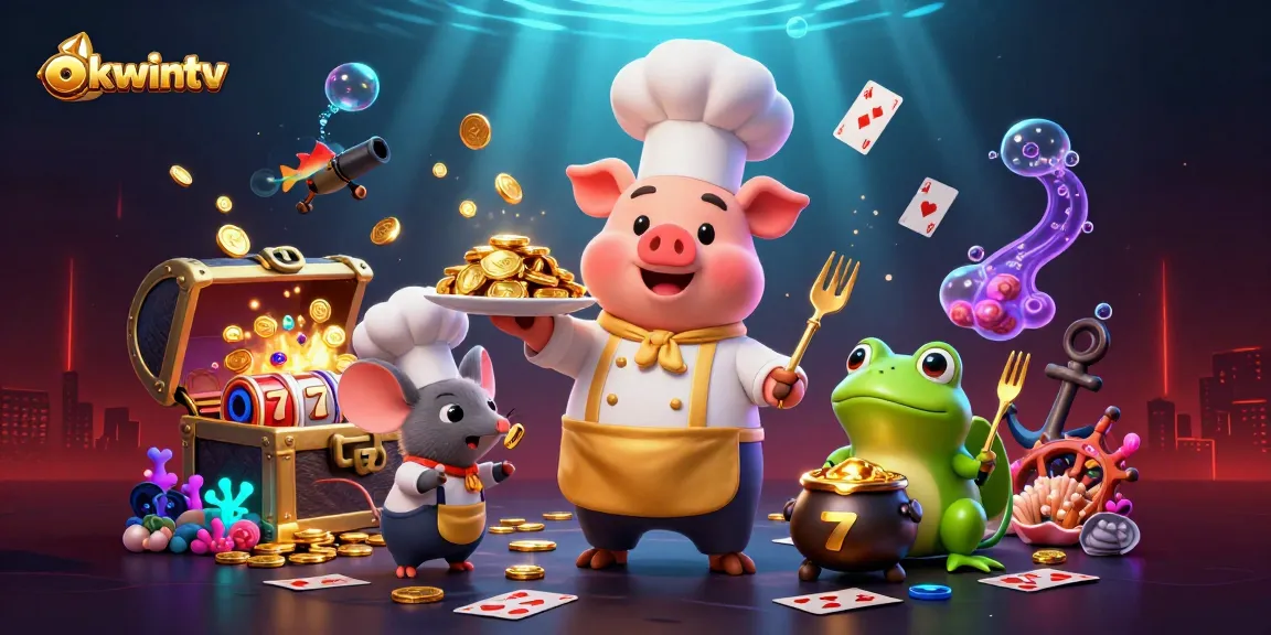 Experience intense gaming excitement with okwintv featuring characters, vibrant gold coins, and dynamic slot elements.