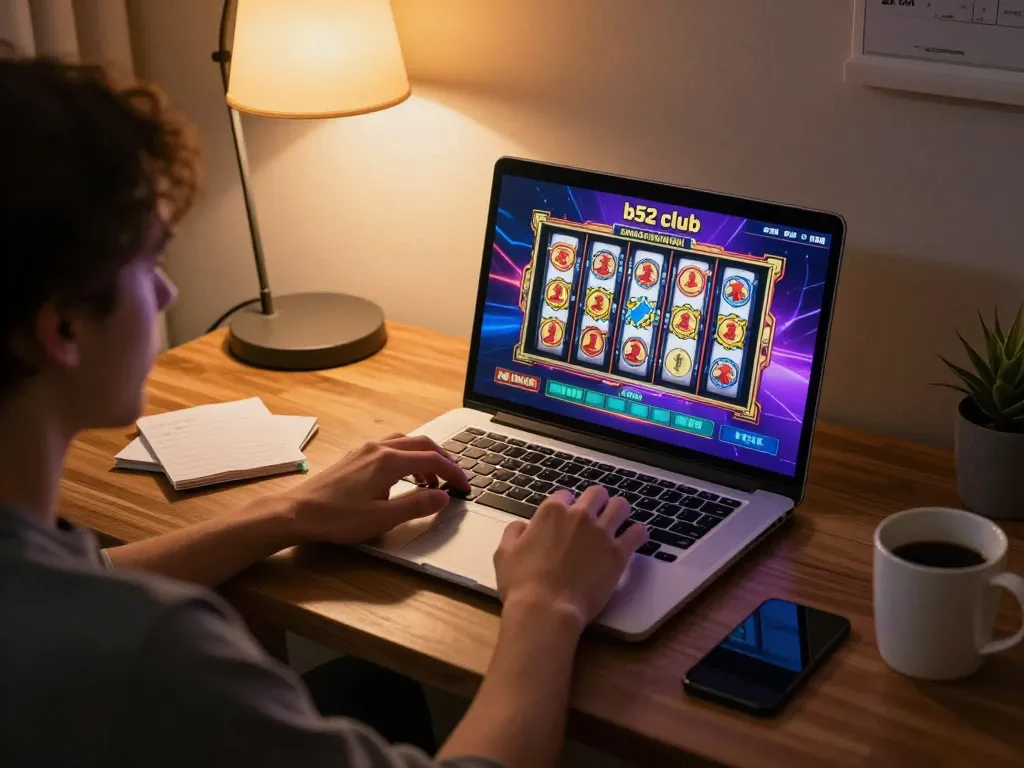 b52 club player enjoying online slots in cozy home setting, engaging in responsible gambling.