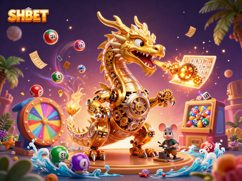 SHBET brings luck with a vibrant illustration of a golden dragon, lottery balls, and casino elements in an engaging scene.