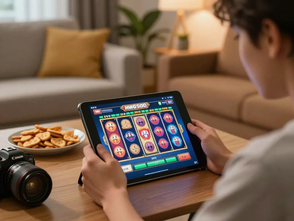 Engaging player enjoying hwg500 slot on tablet in a cozy home setting, highlighting online casino experience.