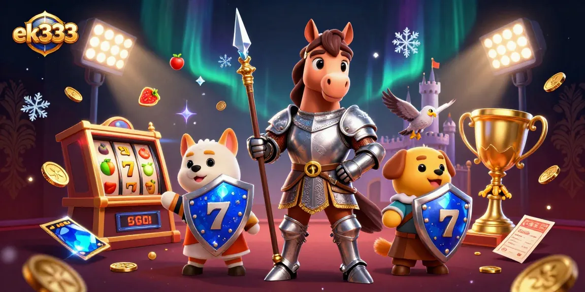 Spin the reels at ek333 with a vibrant 3D knight and puppy amidst slots and coins for exciting wins!