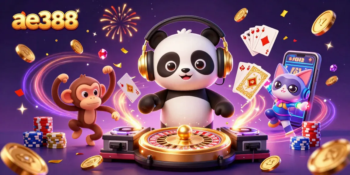 Celebrate wins with ae388 as DJ panda spins roulette and glowing gems vibrantly surround the dance floor.