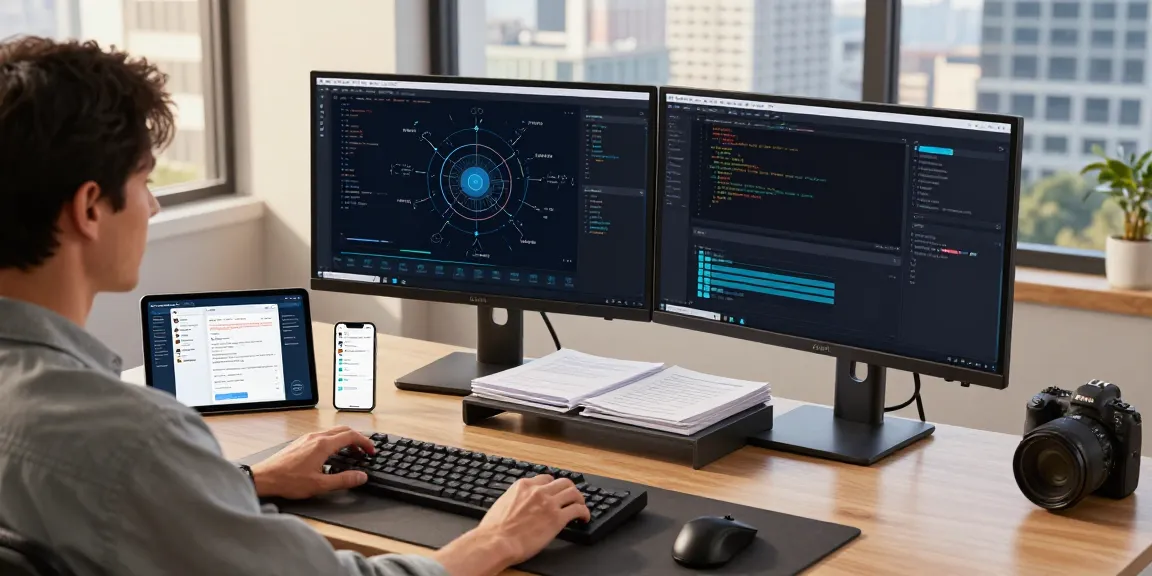 Tech professional engaging with 快连 software in a modern workspace, showcasing productivity and innovation.