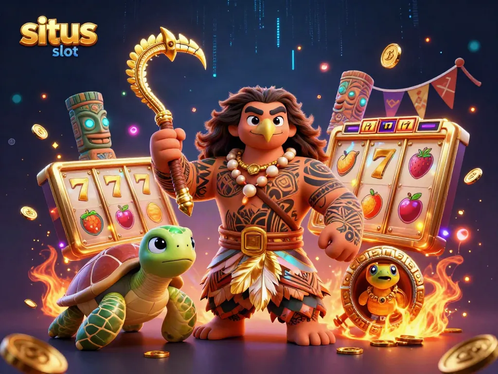 Experience thrilling situs slot action in this vibrant 3D illustration with demigod characters and dynamic casino elements.