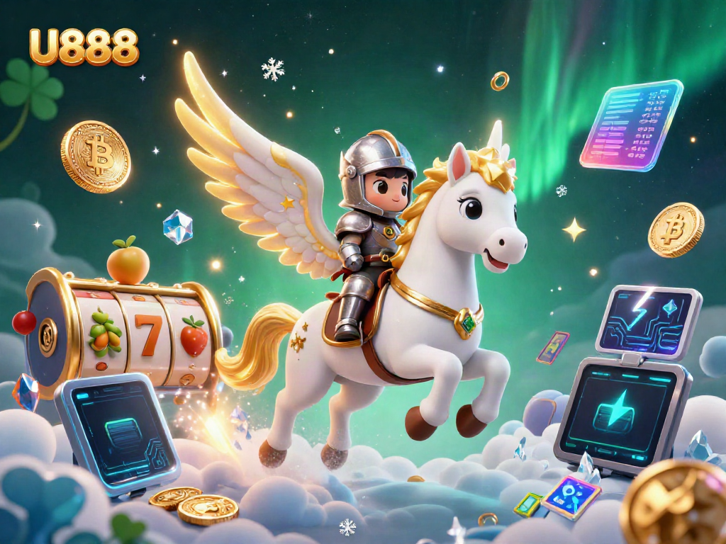 Experience U888's thrilling slots with a celestial knight onboard a magical horse soaring through vibrant gaming elements.