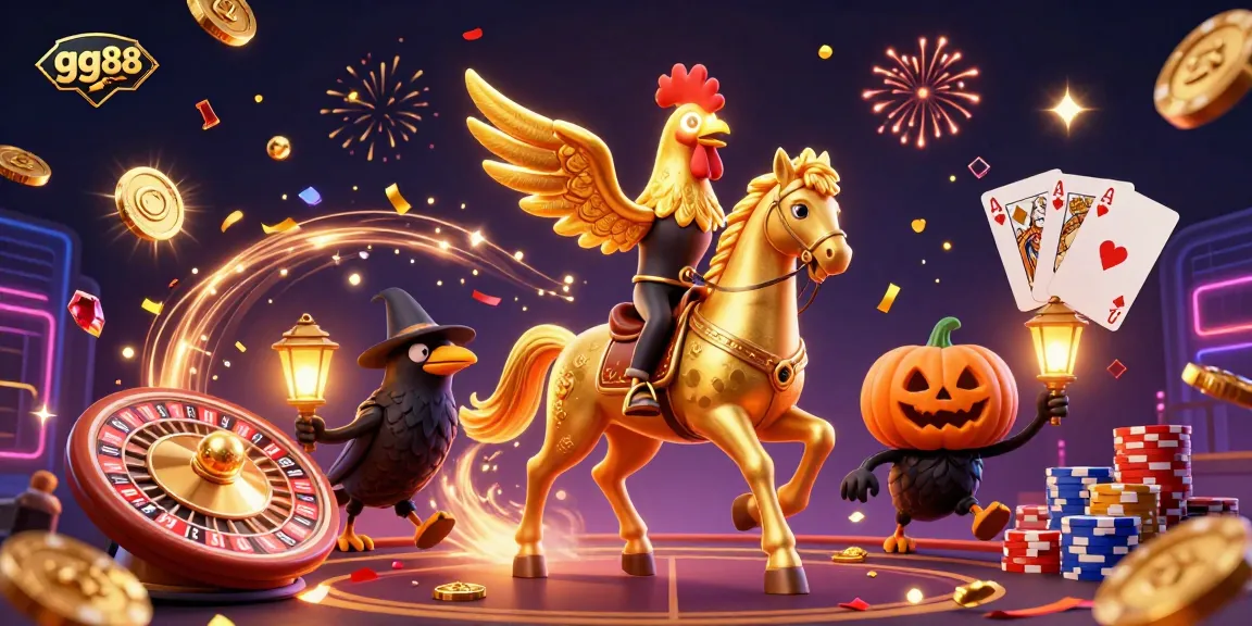Experience fun gameplay at gg88 with a golden rooster hero, casino elements, and vibrant energy.