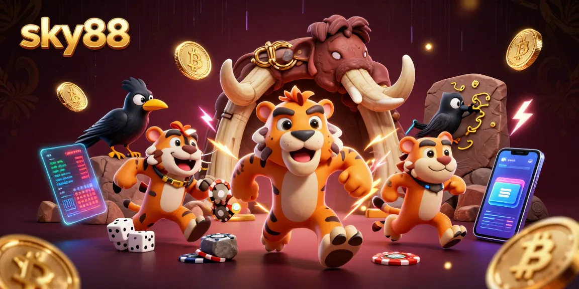 Experience exciting gaming at sky88 with prehistoric casino characters surrounded by crypto elements.