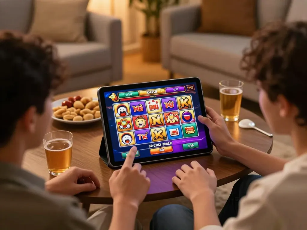 Engaging gameplay featuring nổ hũ on a tablet in a cozy home gaming setup, showcasing strategic fun.