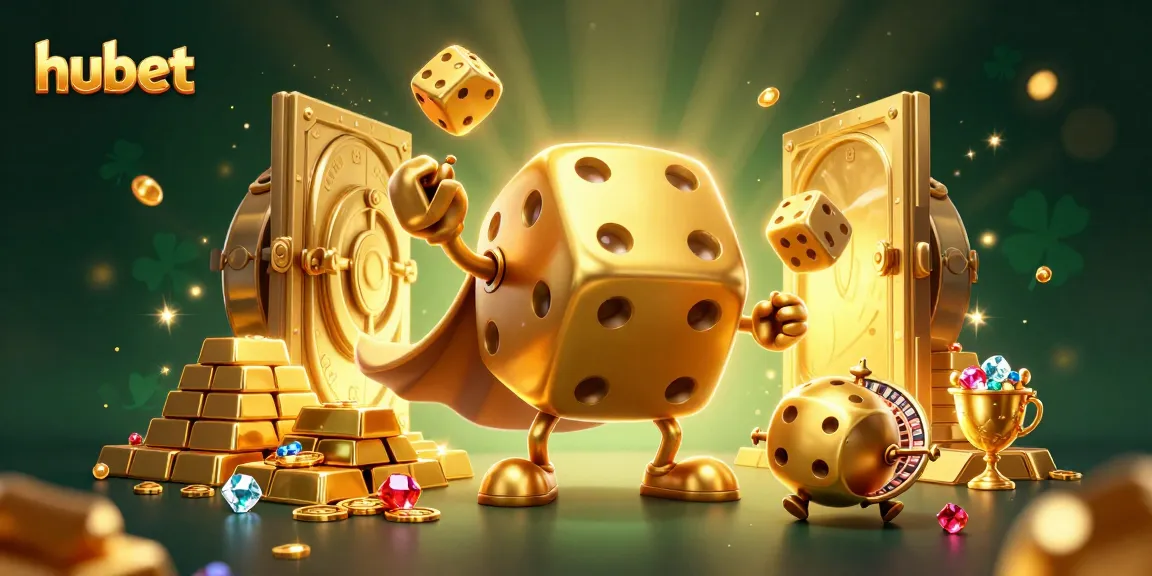 Join the excitement of hubet with a lively scene of a golden dice golem and casino treasures.