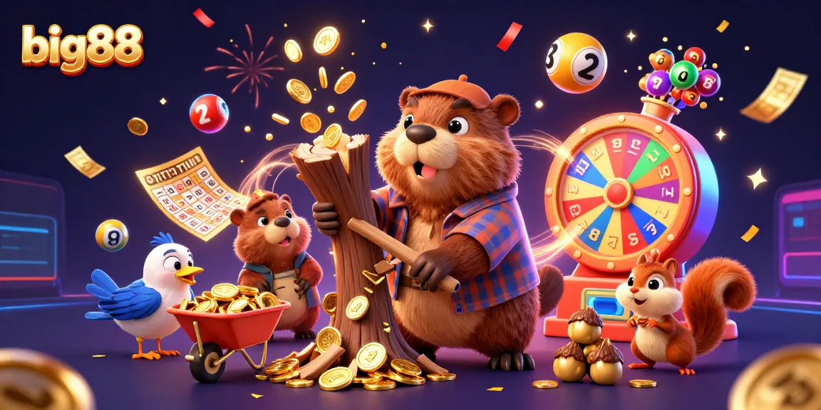 Celebrate big88 with an exciting 3D illustration showcasing a casino-themed scene filled with coins and vibrant elements.