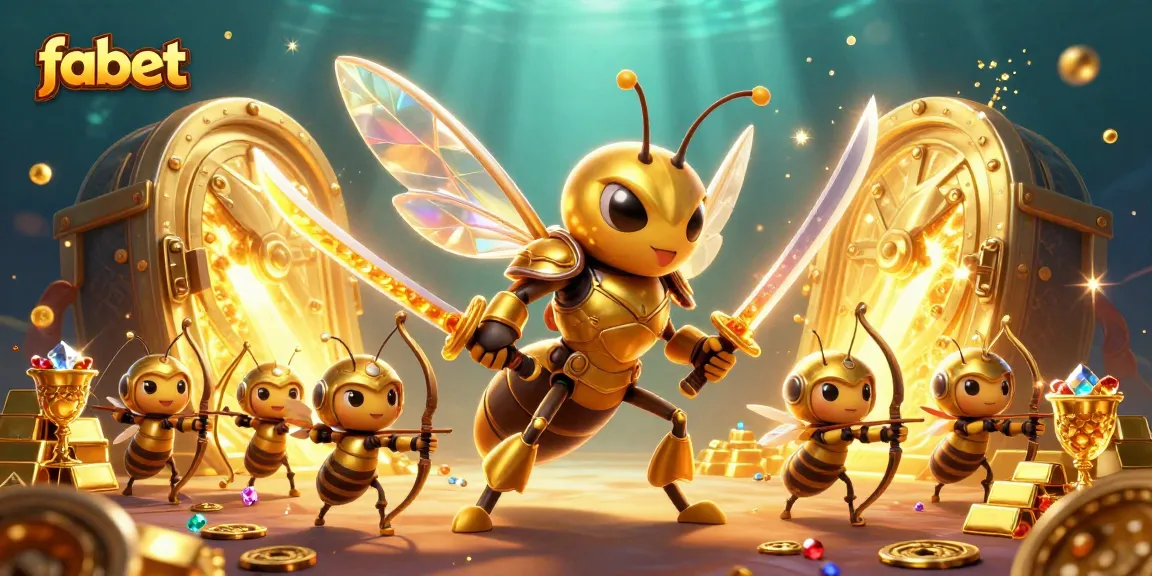 Experience big wins at fabet with this vibrant 3D illustration of a golden hornet samurai amidst treasure and gems.