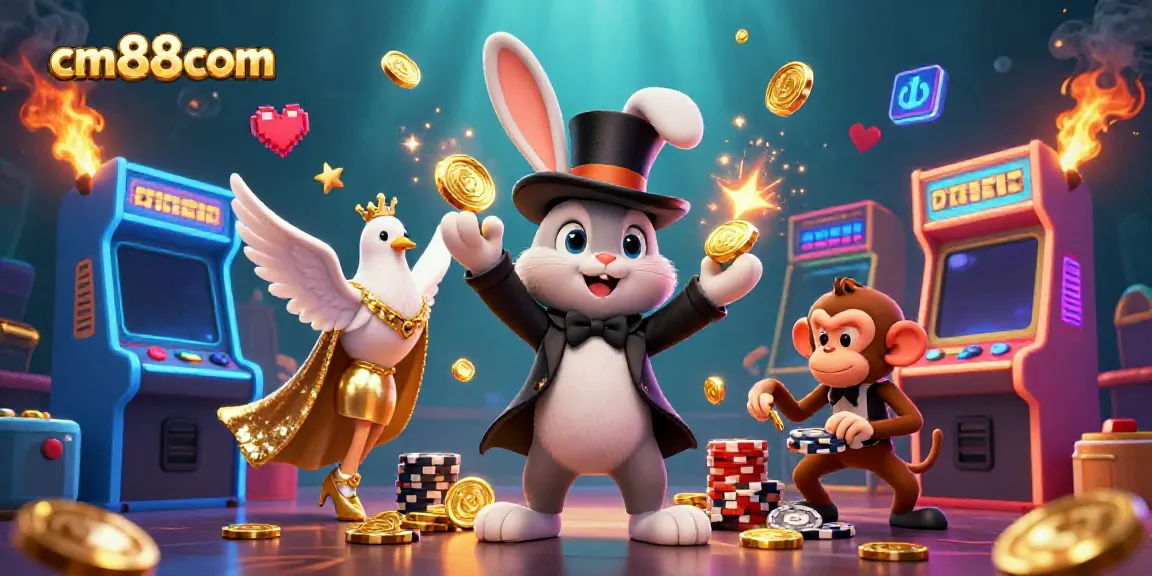 Experience the magic of cm88com with a vibrant 3D casino illustration featuring a rabbit, dove, and monkey.