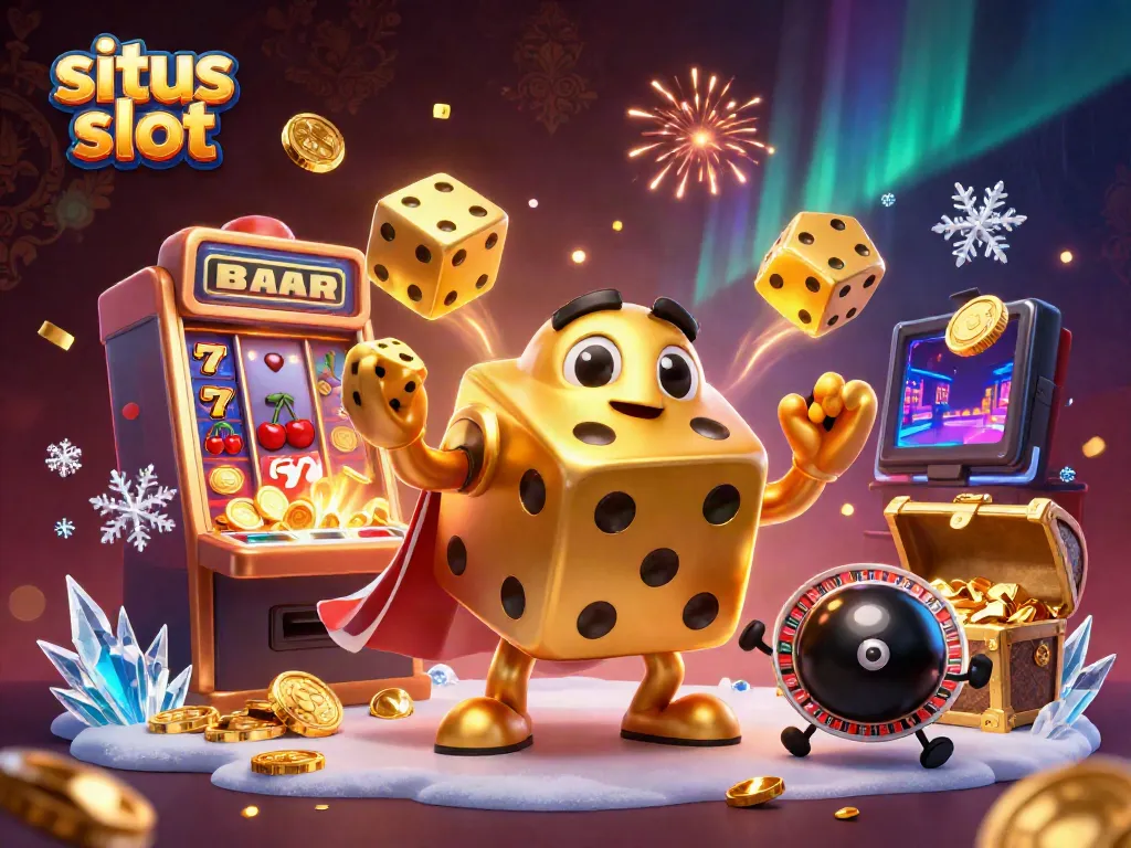 Experience the thrill of situs slot gaming with dynamic 3D illustrations of golden dice and slot symbols.