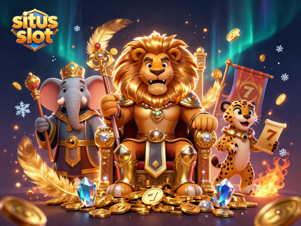 Spin the thrilling situs slot reels with a regal lion king and vibrant symbols in a dynamic scene.