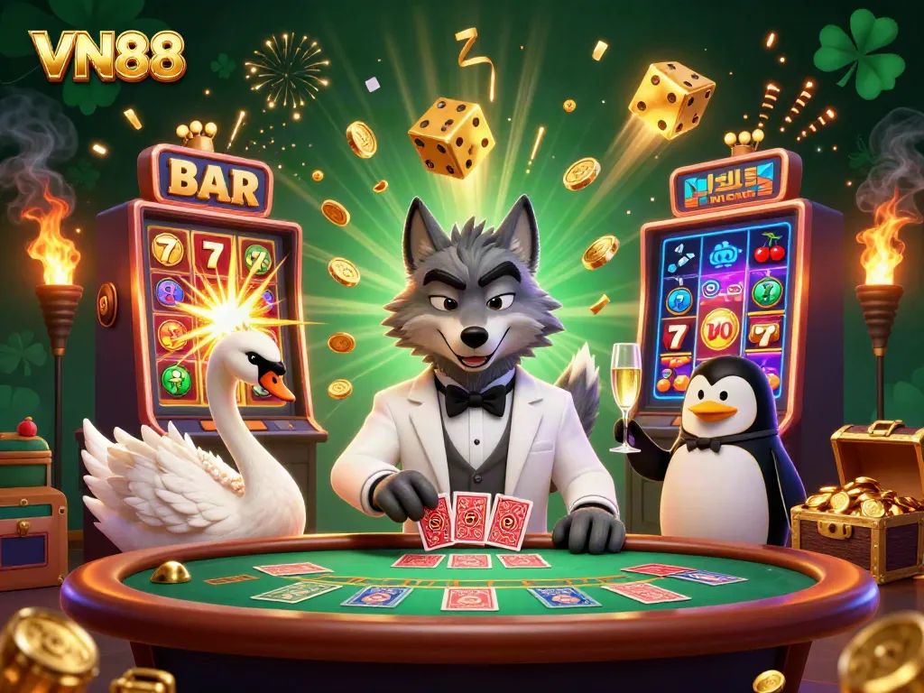 Join the fun at VN88 with a lively casino scene featuring a debonair wolf and elegant swan dealing cards.