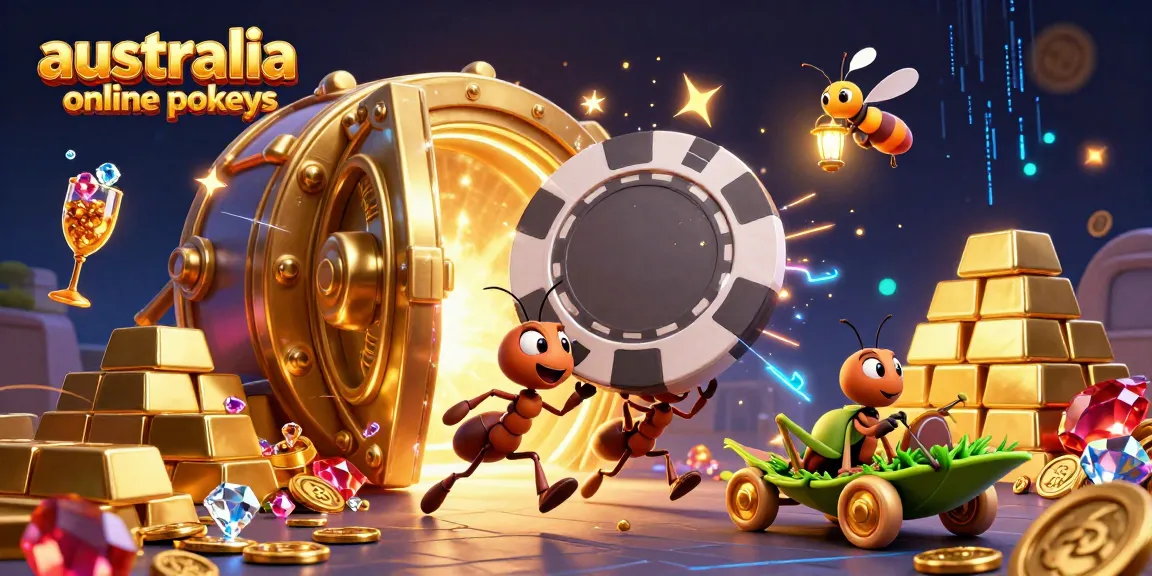 Engaging scene of australia online pokies with cartoon ants stealing a giant poker chip amid treasures in a dynamic 3D world.