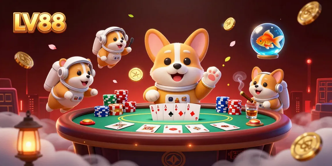 Experience thrilling casino action with LV88 as an astronaut corgi navigates zero gravity in a vibrant space station.