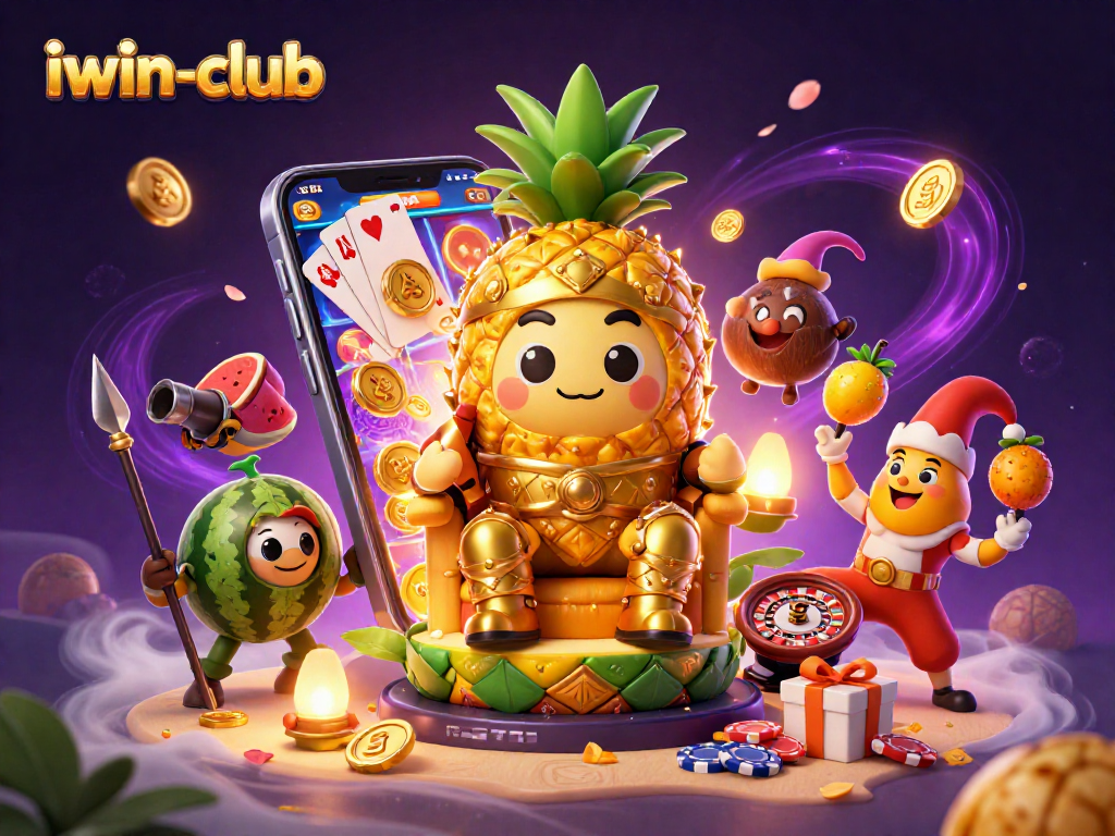 iwin-club features a vibrant 3D casino illustration with a pineapple king and slot games.