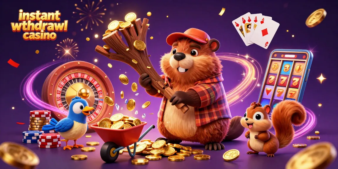 Experience instant withdrawal casino excitement with a beaver in a plaid shirt, collecting coins and gold acorns.