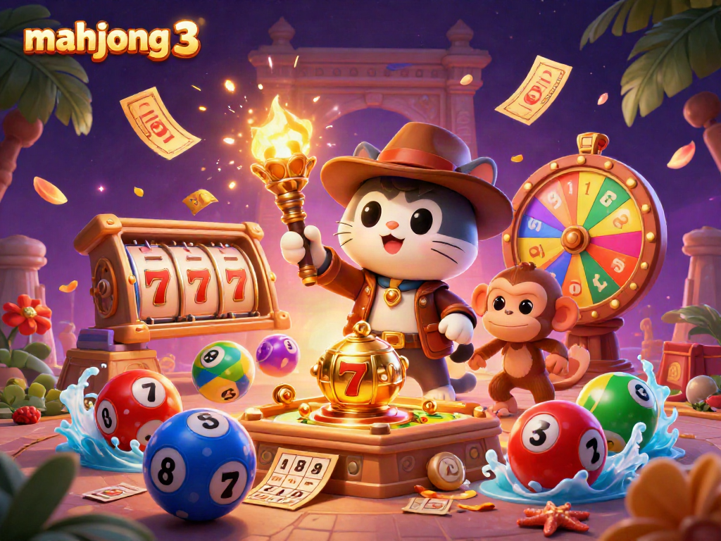 Experience the excitement of mahjong 3 with a vibrant 3D casino adventure illustration.