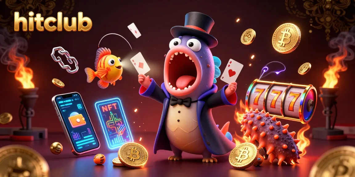 Engage with hitclub's vibrant casino scene featuring animated characters and neon digital elements.