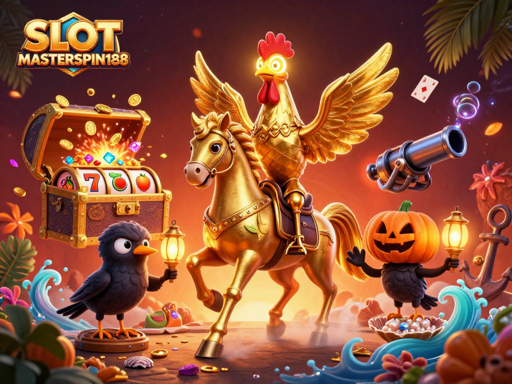 SLOT MASTERSPIN188 showcases thrilling slot action with a golden rooster riding through a dynamic casino.