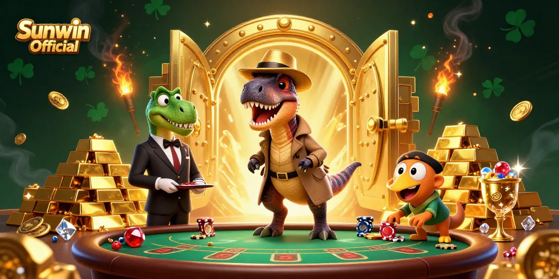 Sunwin Official features an action-packed scene with a velociraptor card counter and treasure in a dynamic casino setting.