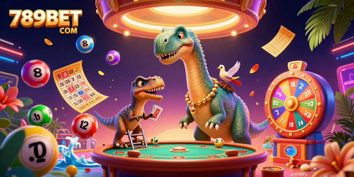 Engage in vibrant lottery games with 789BET COM as the brontosaurus entertains in this extravagant casino scene.