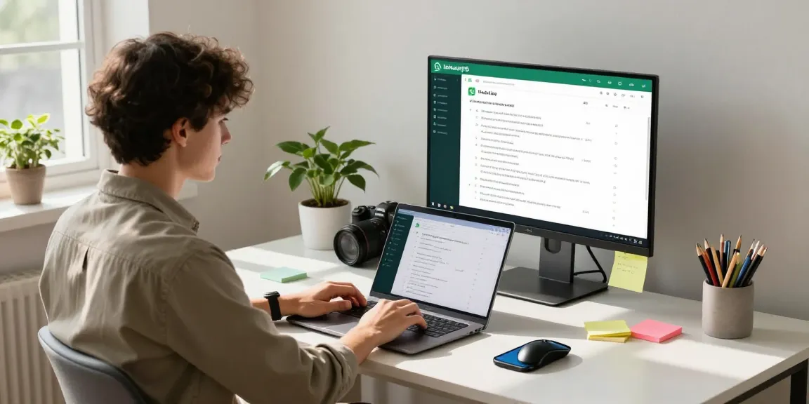 Engaging home office with WhatsApp網頁版 interface on display, conveying digital communication.
