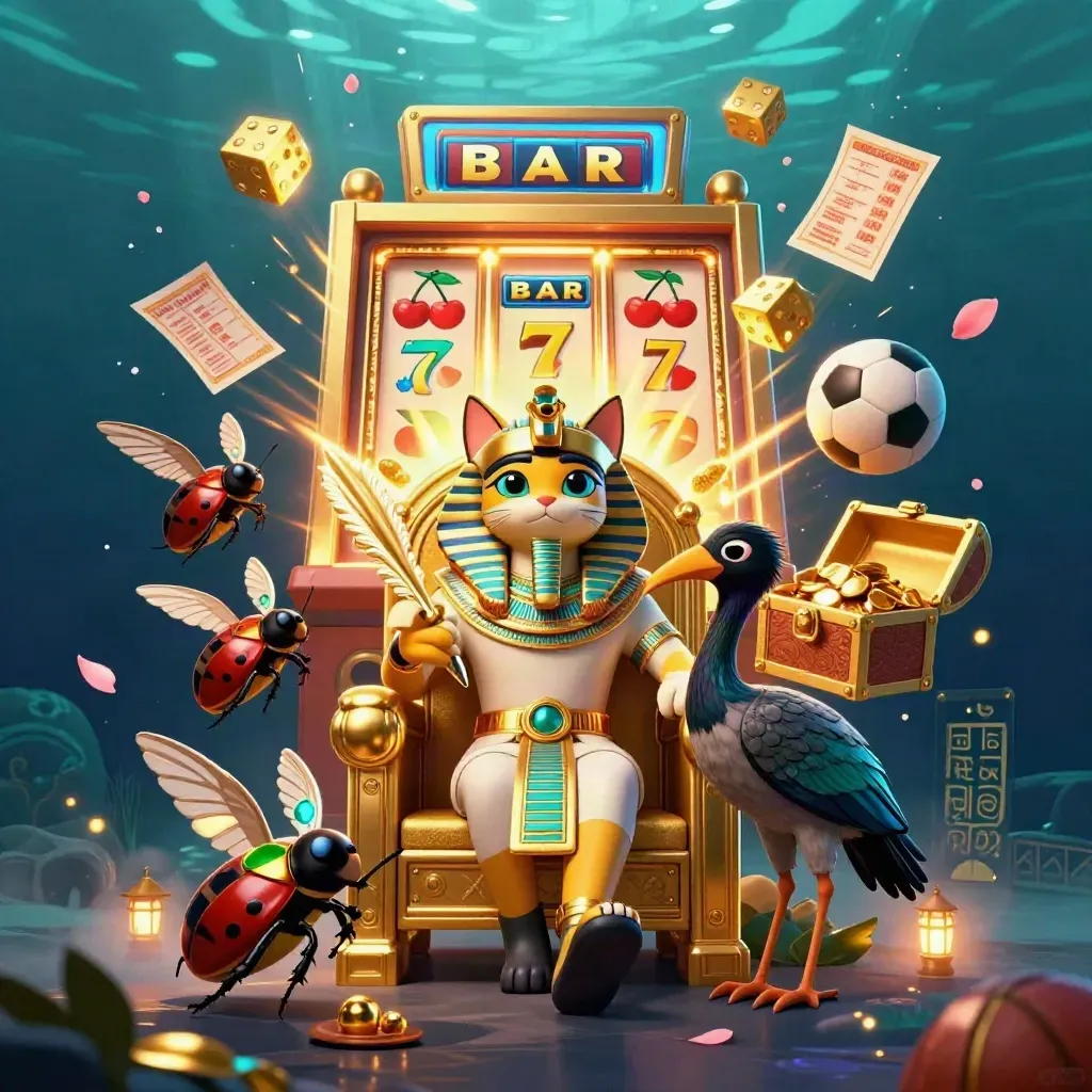 Pharaoh cat, ibis scribe, scarabs, jackpot burst, balls and gold in luxe underwater light.