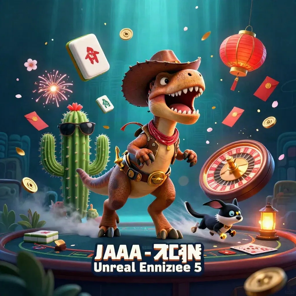 Cowboy T-rex, cactus sidekick, and sheriff roadrunner amid casino relics in neon gold light.