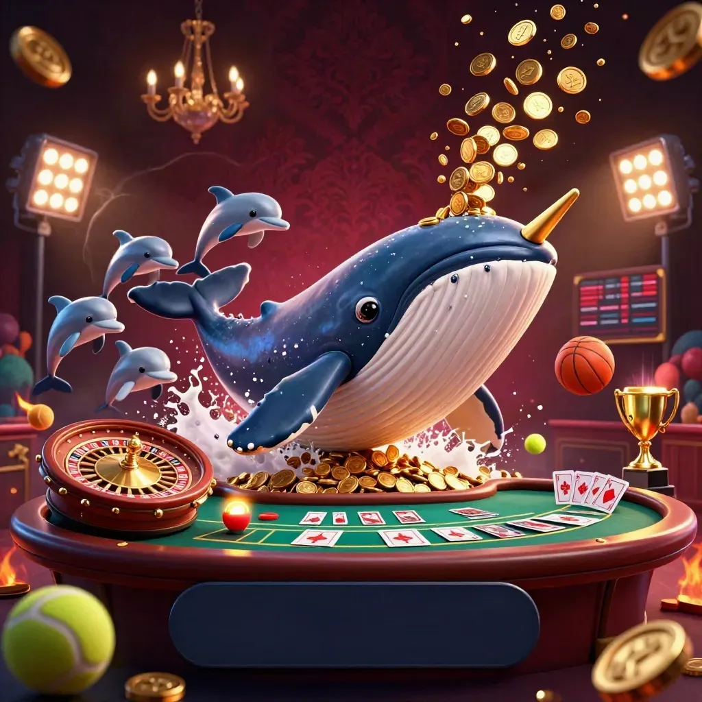 Whale captain, narwhal, and dolphins burst through coins in a luxe casino storm.