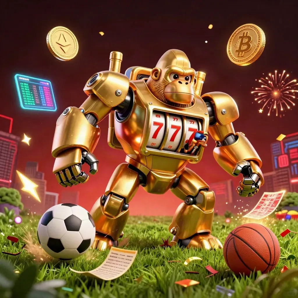 Golden gorilla mech and monkey pilot amid flying soccer ball, casino coins, lightning, and confetti.