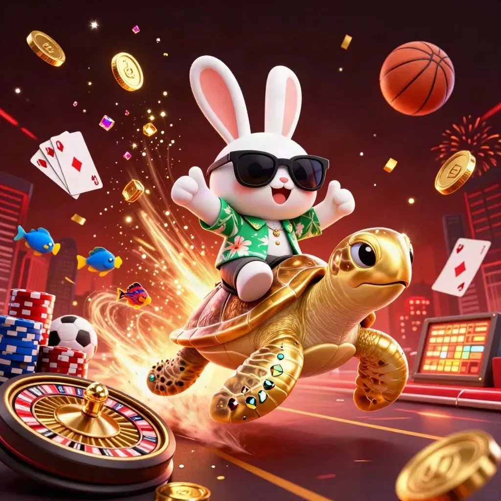 Lucky rabbit rides a golden sea turtle amid coins, chips, cards and casino lights.