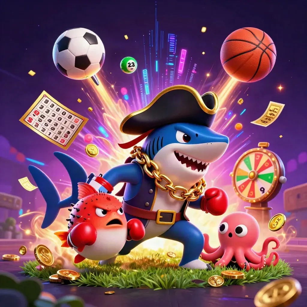 Shark pirate, pufferfish, and octopus amid casino sports props and neon energy