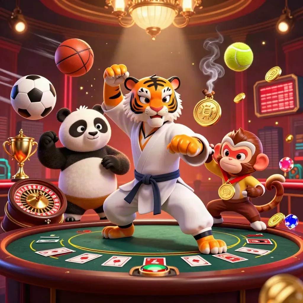 Tiger, panda, and monkey in a luxe casino room with flying sports balls, gold, and glowing lights.