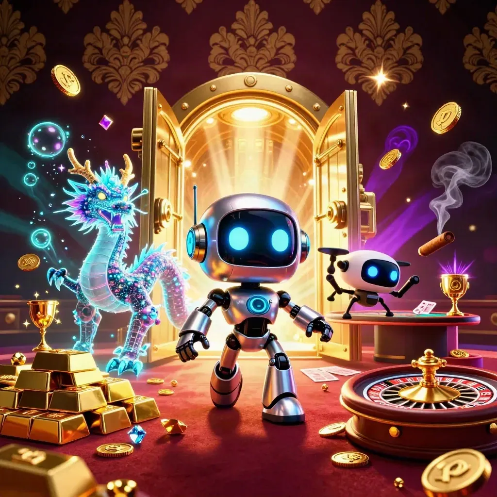 Cyberpunk robot, holographic dragon, and drone amid vault gold, gems, and casino lights