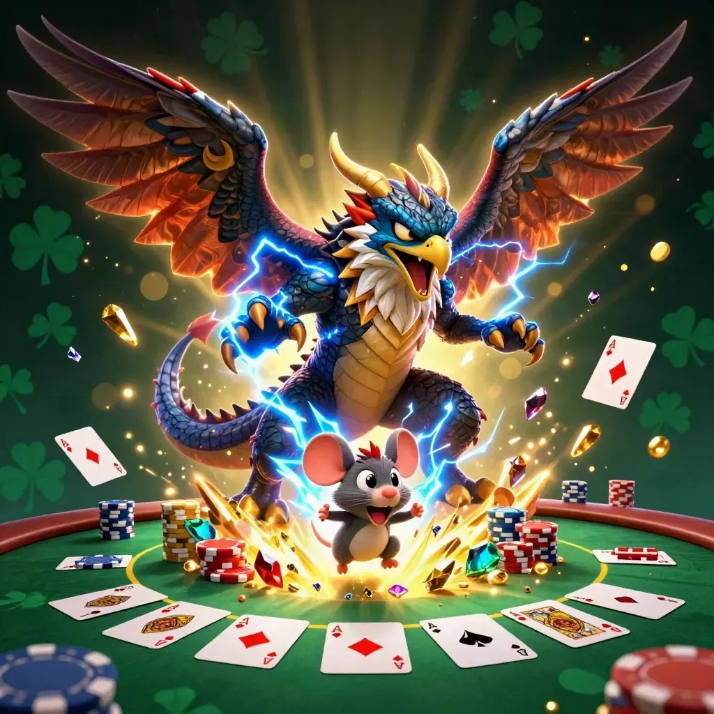 Thunder dragon, glowing hawk, and crackling mouse erupt over casino chips and poker cards.