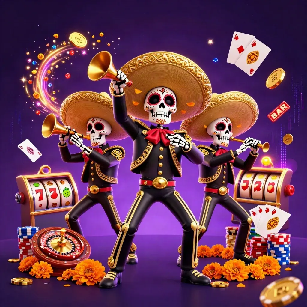 Day-of-the-Dead mariachi skeleton trio amid coins, gems, roulette wheel, cards, chips, and neon energy.