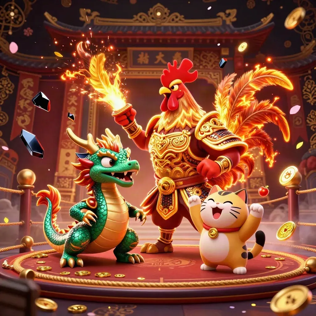 Rooster warrior, dragon hatchling, and fortune-cat in a neon casino temple fight scene.