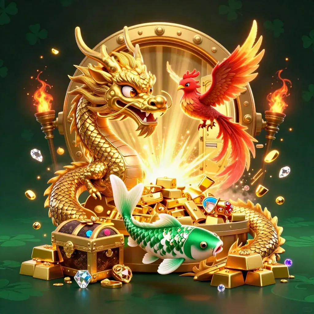 Golden dragon, phoenix, and koi burst from a treasure vault in neon casino key art