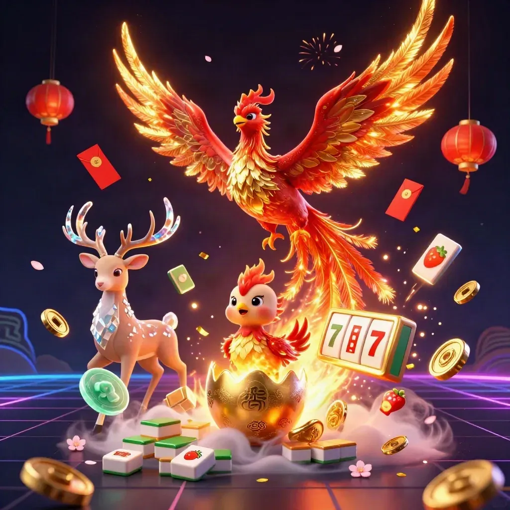 Phoenix, baby phoenix, and crystal-antler stag burst through casino treasures and neon gold effects.