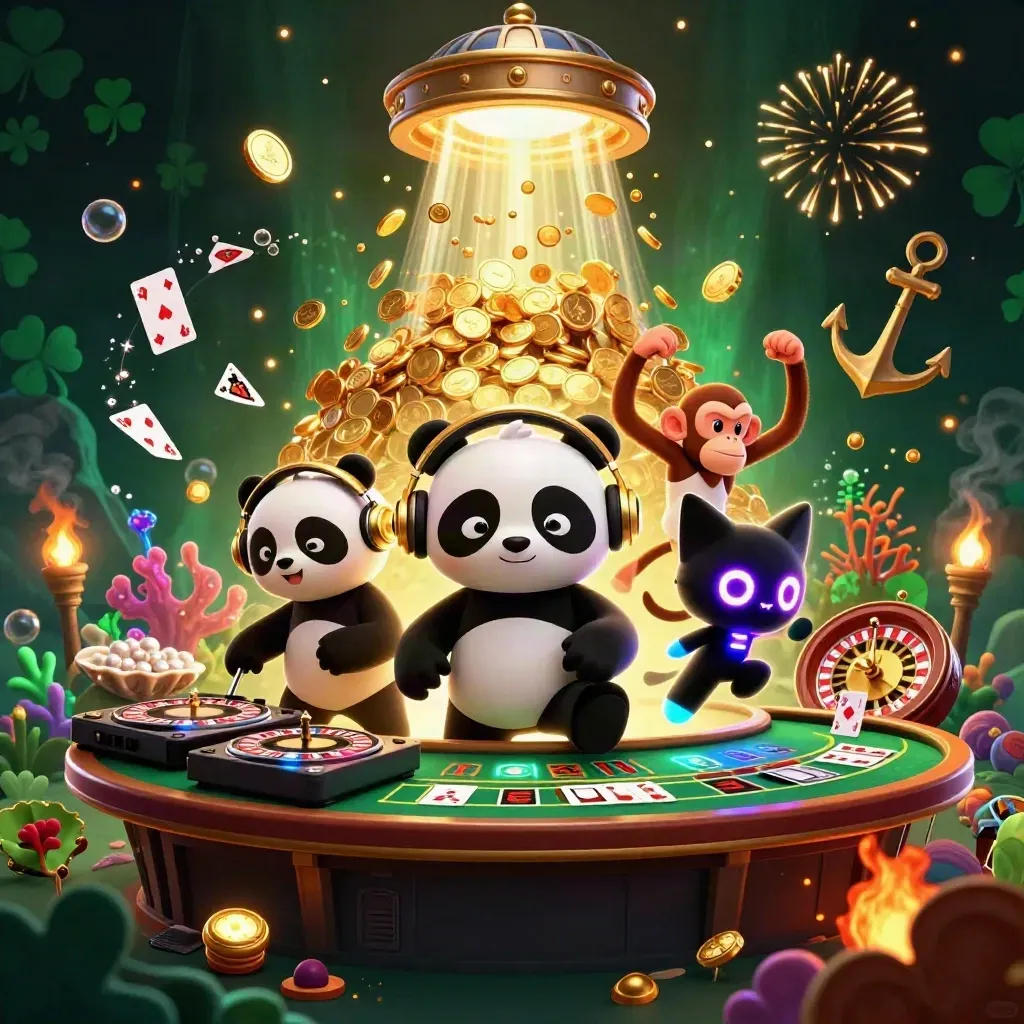 Panda DJ, dancing monkey, and glow kitten amid coins, coral, and casino props