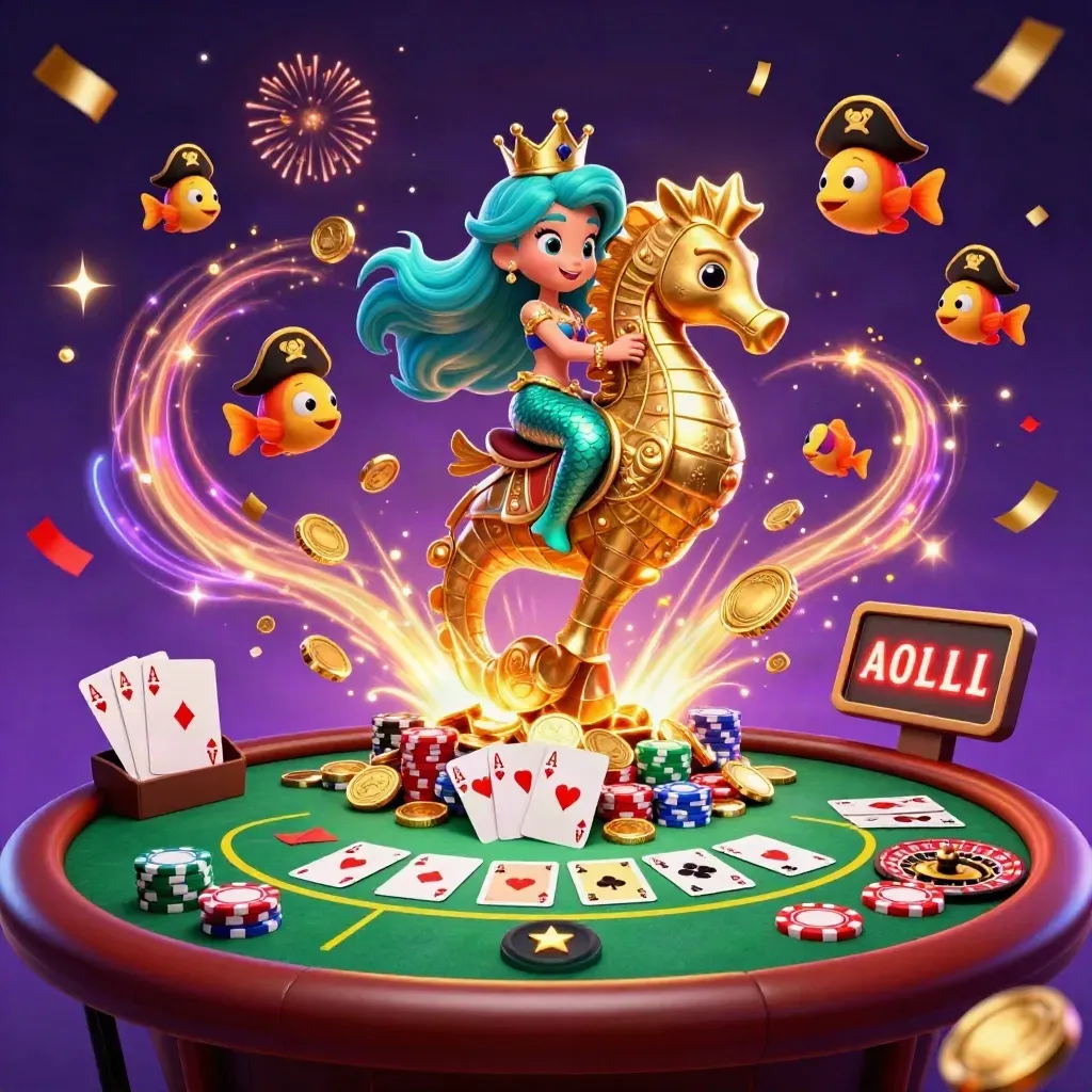 Mermaid princess on golden seahorse amid coins, chips, cards, and fireworks.