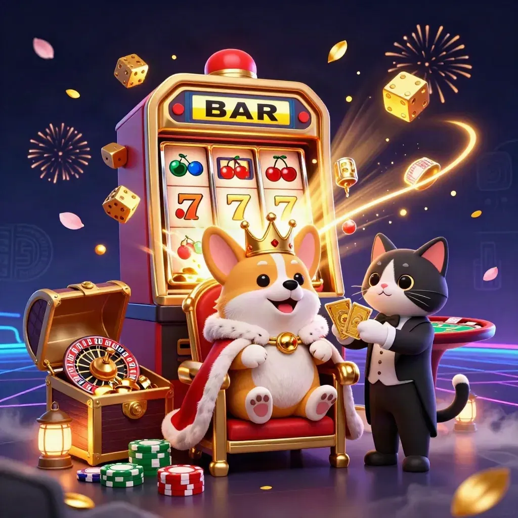 Royal corgi and cat butler amid exploding slot jackpots, gold coins, fireworks, and casino table magic.