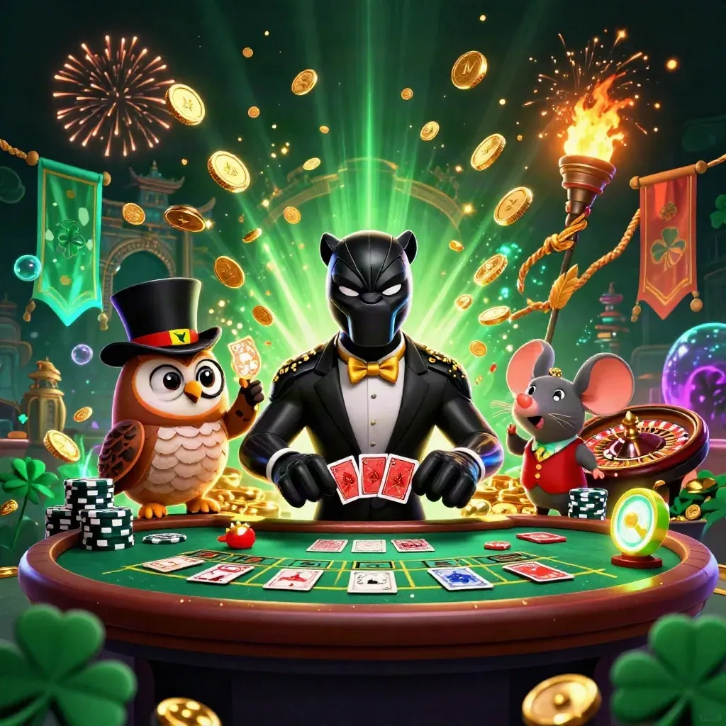 Panther, owl and mouse celebrating amid coins, fireworks, roulette, cards and glowing casino lights.