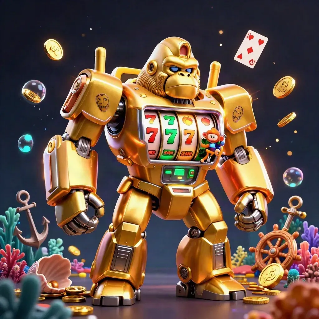Golden gorilla slot-mech with monkey pilot amid treasure cove lights, coins, coral, cards, and reels.