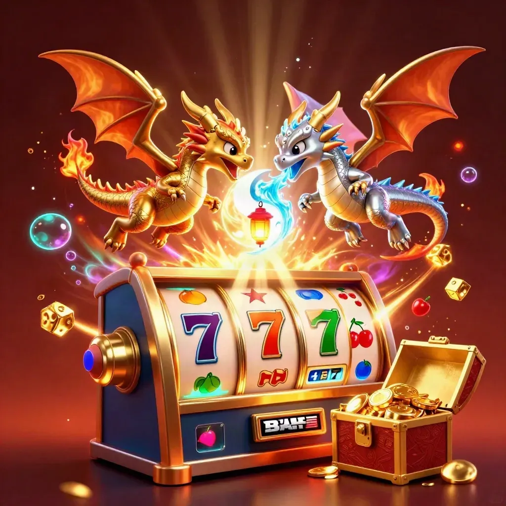 Twin gold and silver dragons circle a lantern spirit with slot symbols, dice, and jackpot bursts.