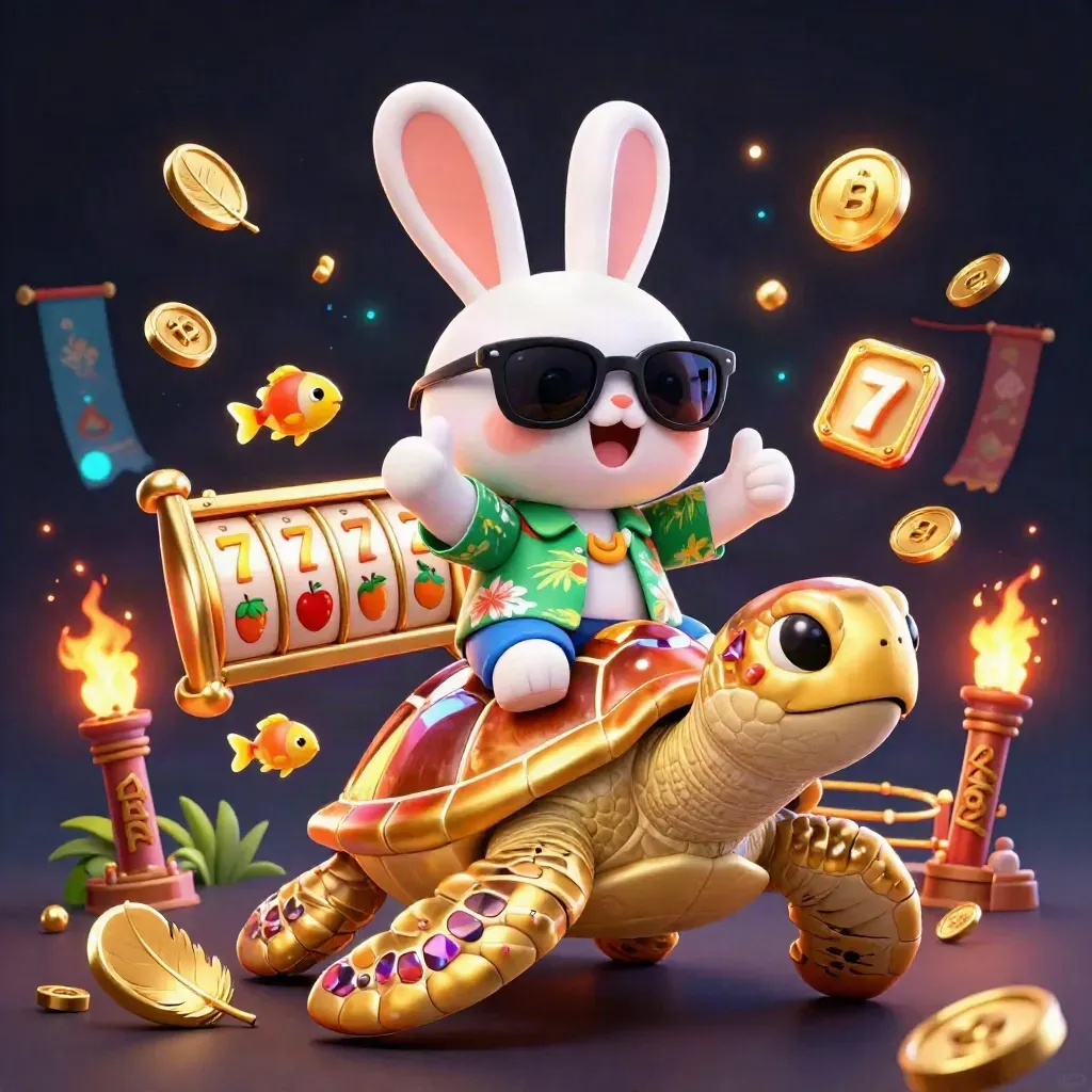 Lucky rabbit on a golden sea turtle with casino effects in a dark neon splash