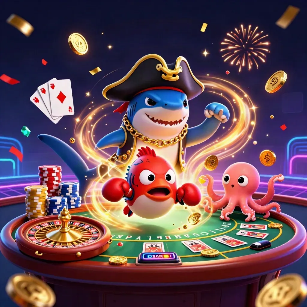 Shark pirate, pufferfish boxer, and baby octopus amid casino coins and neon roulette glow.